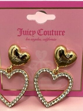 Juicy Couture Gold Heart Drop Earrings with Crystal Accents
